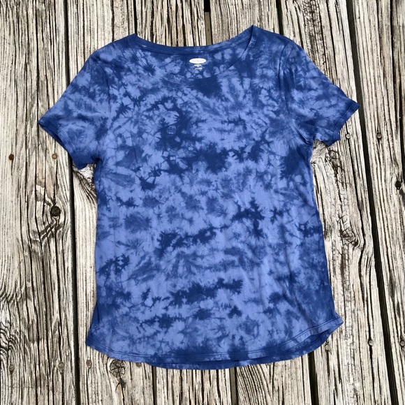 2/$10 Ladies M OLD NAVY Hues Of Blue Tie Dye Knit Fitted SS Tshirt Top Tee Denim - Picture 7 of 8